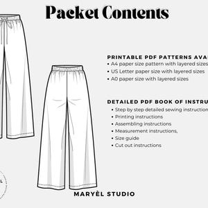 Puede incluir: Un patr&oacute;n de costura digital para pantalones de pierna ancha con cintura el&aacute;stica y cord&oacute;n. La imagen muestra dos bocetos t&eacute;cnicos en blanco y negro de los pantalones y texto que detalla el contenido del paquete PDF, incluyendo tama&ntilde;os A4, US Letter y A0.