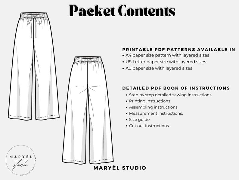 Puede incluir: Un patr&oacute;n de costura digital para pantalones de pierna ancha con cintura el&aacute;stica y cord&oacute;n. La imagen muestra dos bocetos t&eacute;cnicos en blanco y negro de los pantalones y texto que detalla el contenido del paquete PDF, incluyendo tama&ntilde;os A4, US Letter y A0.