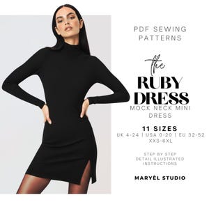 Patron de couture de mini robe à col roulé | Patron de couture de mini robe à col montant | Patron de robe ajustée extensible à manches longues (téléchargement numérique PDF)