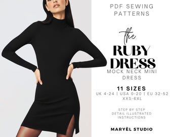 Mini Turtleneck  Dress Sewing Pattern |Mock Neck Mini Dress Sewing Pattern| Fitted Stretch Long Sleeve Dress Pattern (PDF Digital Download)