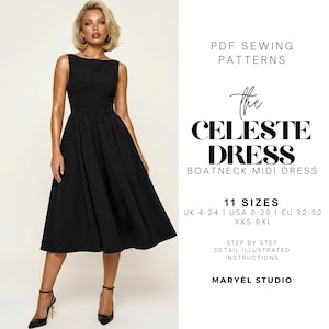 Midi Kleid mit U-Boot-Ausschnitt, Pdf Schnittmuster, Tellerrock, einfaches ärmelloses Kleid, US 0-20
