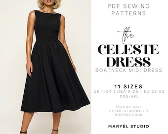 Molde em PDF para vestido midi com decote canoa, saia rodada, vestido sem mangas fácil de fazer, tamanhos EUA 0-20