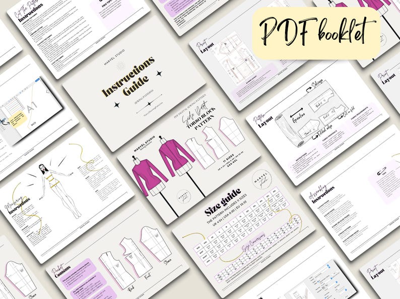 May include: A PDF booklet for a sewing pattern. The booklet includes instructions, a size guide, and pattern pieces for a torso block pattern. The pattern pieces are shown on a white background with black lines. The booklet is titled "PDF booklet".
