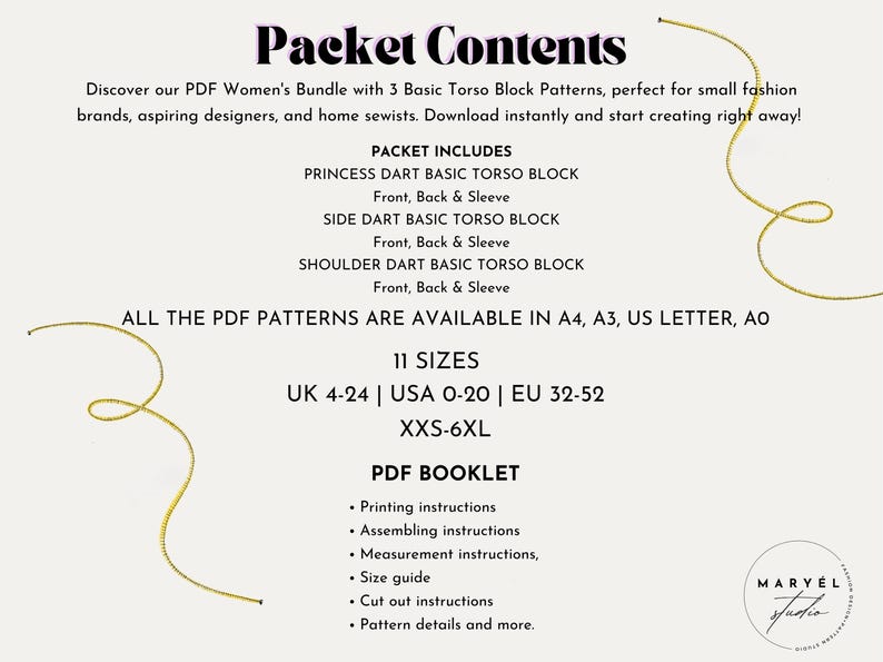 Peut inclure: T&eacute;l&eacute;chargement num&eacute;rique d'un lot de patrons de couture pour femmes. Le lot comprend trois patrons de base de torse : dart de princesse, dart lat&eacute;ral et dart d'&eacute;paule. Les patrons sont disponibles en 11 tailles, du UK 4-24, USA 0-20 et EU 32-52. Les patrons sont disponibles en formats A4, A3, US Letter et AO. Le t&eacute;l&eacute;chargement comprend &eacute;galement un livret PDF avec des instructions d'impression, d'assemblage, de mesure, de guide des tailles, de d&eacute;coupe et de d&eacute;tails des patrons.