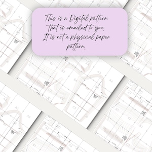 May include: A digital sewing pattern for a garment, printed on multiple white sheets of paper. The pattern includes various sizes and markings for cutting and sewing.