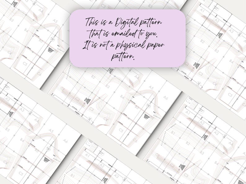 May include: A digital sewing pattern for a garment, printed on multiple white sheets of paper. The pattern includes various sizes and markings for cutting and sewing.