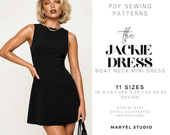 Boat Neck A-Line Mini Dress Pdf Sewing Pattern, Easy Sleeveless Summer Dress, Beginner Friendly, US 0-20