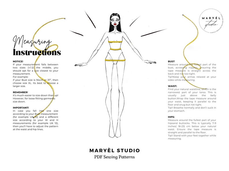 Puede incluir: Una ilustraci&oacute;n en blanco y negro de una mujer con una cinta m&eacute;trica alrededor de su cuerpo. La imagen incluye instrucciones para medir el busto, la cintura y las caderas. El texto dice "Instrucciones de medici&oacute;n" y "Maryel Studio Patrones de costura PDF".