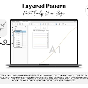 May include: A laptop screen displaying a digital sewing pattern interface with a layered PDF menu, size guidelines for US sizes 0 through 14, and a scale reference showing 1 inch and 5 cm. The text reads Layered Pattern, Print Only Your Size.