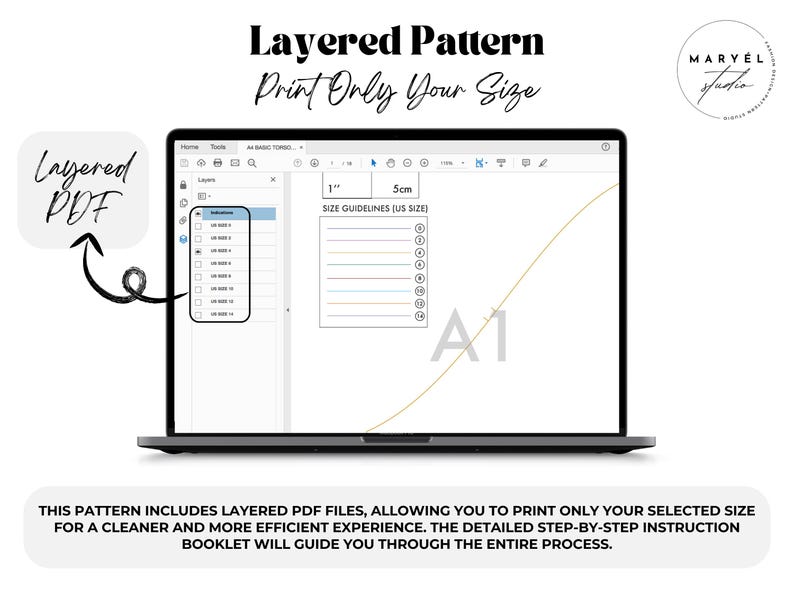 May include: A laptop screen displaying a digital sewing pattern interface with a layered PDF menu, size guidelines for US sizes 0 through 14, and a scale reference showing 1 inch and 5 cm. The text reads Layered Pattern, Print Only Your Size.