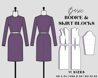 Patrón de costura para corpiño y falda: tallas 0-20 (patrón digital en PDF)