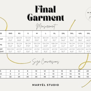 K&ouml;nnte beinhalten: Eine Gr&ouml;&szlig;entabelle mit Ma&szlig;en in Zentimetern und Zoll f&uuml;r Taille, H&uuml;fte und Rockl&auml;nge. Enth&auml;lt Gr&ouml;&szlig;enumrechnungen f&uuml;r UK, USA und EU. Der Text "Final Garment Measurement" steht oben.