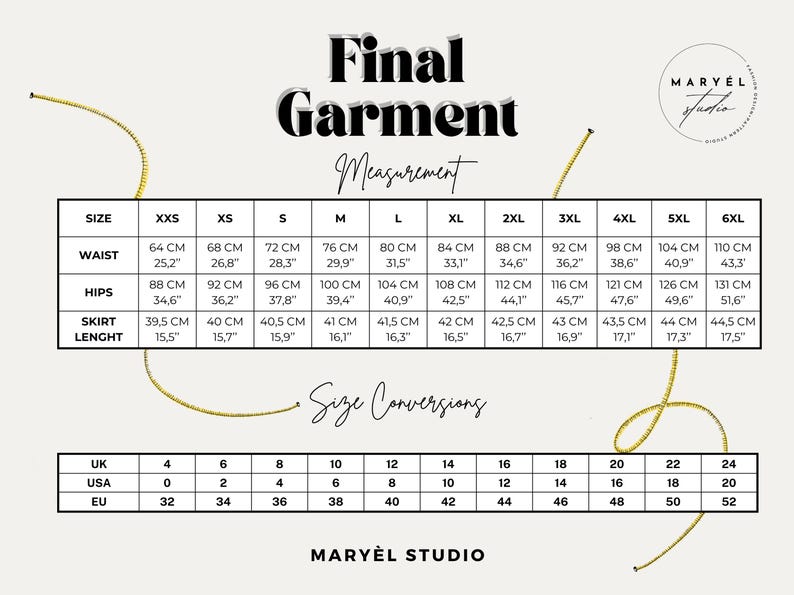 K&ouml;nnte beinhalten: Eine Gr&ouml;&szlig;entabelle mit Ma&szlig;en in Zentimetern und Zoll f&uuml;r Taille, H&uuml;fte und Rockl&auml;nge. Enth&auml;lt Gr&ouml;&szlig;enumrechnungen f&uuml;r UK, USA und EU. Der Text "Final Garment Measurement" steht oben.