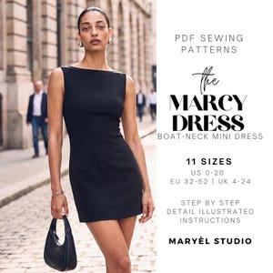 Może przedstawiać: Czarna sukienka mini bez rękawów z dekoltem w łódkę. Tekst głosi: PDF SEWING PATTERNS, THE MARCY DRESS, BOAT-NECK MINI DRESS, 11 SIZES, US 0-20, EU 32-52, UK 4-24, STEP BY STEP DETAIL ILLUSTRATED INSTRUCTIONS, MARYÈL STUDIO.