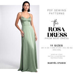 Maxi Prom Long Dress Pdf Sewing Pattern, Evening Gown, Wedding Guest, Bridesmaid Dress, US 0–20