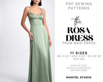 Maxi-Abendkleid (PDF-Schnittmuster), Abendkleid, Hochzeitsgastkleid, Brautjungfernkleid, US-Größen 0–20