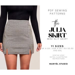 Op de afbeelding: Zwart-wit mini-rok met voorste spleten in pied-de-poule patroon. De tekst luidt "The Julia Skirt Mini Slit Skirt" en "PDF Sewing Patterns". Verkrijgbaar in 11 maten, van UK 4-24 tot USA 0-20 en EU 32-52.