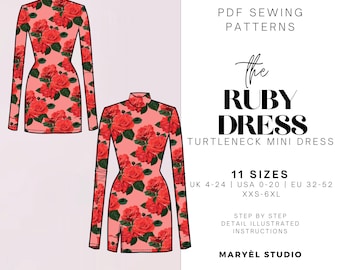 Longsleeve Mini Dress Pdf Sewing Pattern, Turtleneck Knit Stretch Dress, Beginner Sewing Pattern, US 0-20