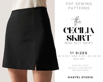 A-Line Mini Skirt Sewing Pattern| Mini Skirt Pattern with Slit| High Waist Skirt Pattern | PDF Digital Pattern| Us 0-20 | Eu 32-52| xxs-6xl