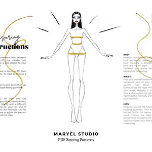 May include: A black and white illustration of a woman with a measuring tape around her body. The image includes instructions for measuring bust, waist, and hips. The text reads "Measuring Instructions" and "Maryel Studio PDF Sewing Patterns".