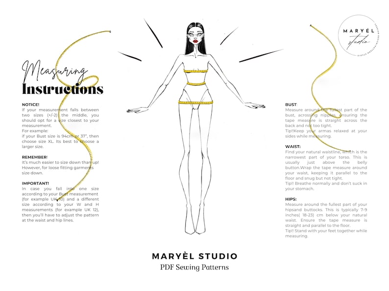 May include: A black and white illustration of a woman with a measuring tape around her body. The image includes instructions for measuring bust, waist, and hips. The text reads "Measuring Instructions" and "Maryel Studio PDF Sewing Patterns".