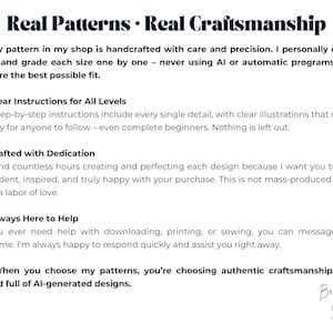 K&ouml;nnte beinhalten: Textgrafik mit der &Uuml;berschrift "Real Patterns &bull; Real Craftsmanship". Der Text beschreibt handgefertigte Muster mit klaren Anweisungen, Engagement und Unterst&uuml;tzung. Es betont authentische Handwerkskunst gegen&uuml;ber KI-generierten Designs.