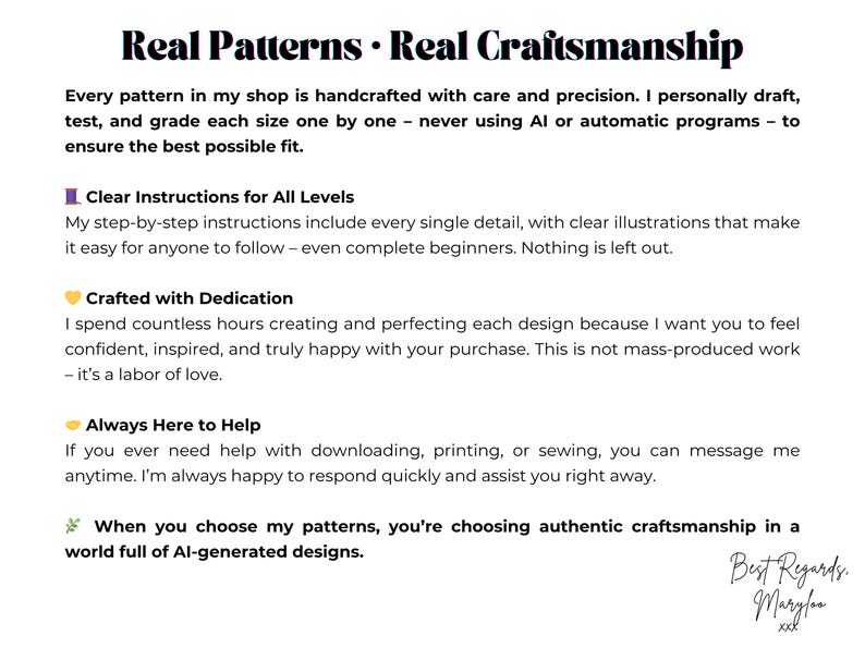 K&ouml;nnte beinhalten: Textgrafik mit der &Uuml;berschrift "Real Patterns &bull; Real Craftsmanship". Der Text beschreibt handgefertigte Muster mit klaren Anweisungen, Engagement und Unterst&uuml;tzung. Es betont authentische Handwerkskunst gegen&uuml;ber KI-generierten Designs.