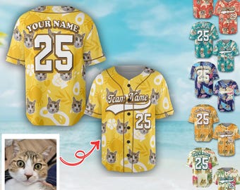 Personalisierte Hawaiianische Baseball Jersey mit Team Name und Nummer, Personalisiertes Foto Strand Urlaub Tropisches Muster Shirt, Sommer Geschenk, Kinder T-Shirt