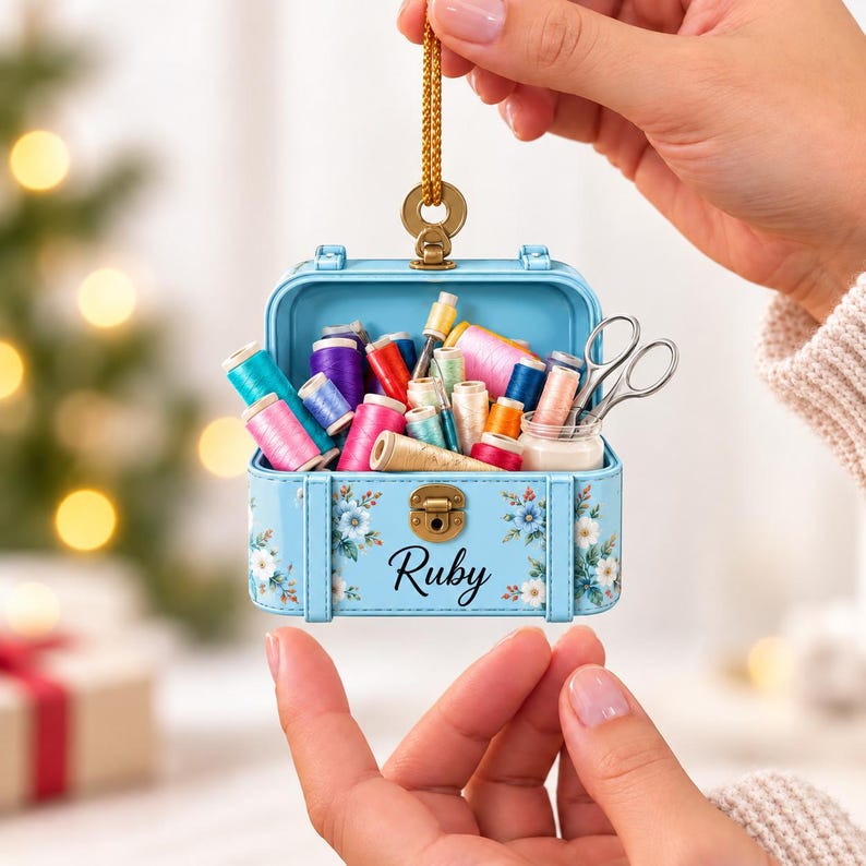Custom Name Sewing Kit Ornament, Floral Sewing Box With Colorful Thread ...