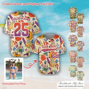 Custom Hawaiian Baseball Jersey with Name and Number, Personalized Photo Beach Tropical Print Shirt, Summer Vacation Gift, Youth Kid Shirt