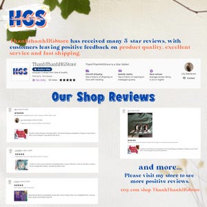 Pu&ograve; includere: Immagine del negozio Etsy ThanhThanhHGStore con recensioni dei clienti. Il negozio ha ricevuto molte recensioni a 5 stelle, evidenziando la qualit&agrave; del prodotto e la spedizione veloce. Il negozio &egrave; un venditore stellato con una valutazione media di 4,8 stelle.