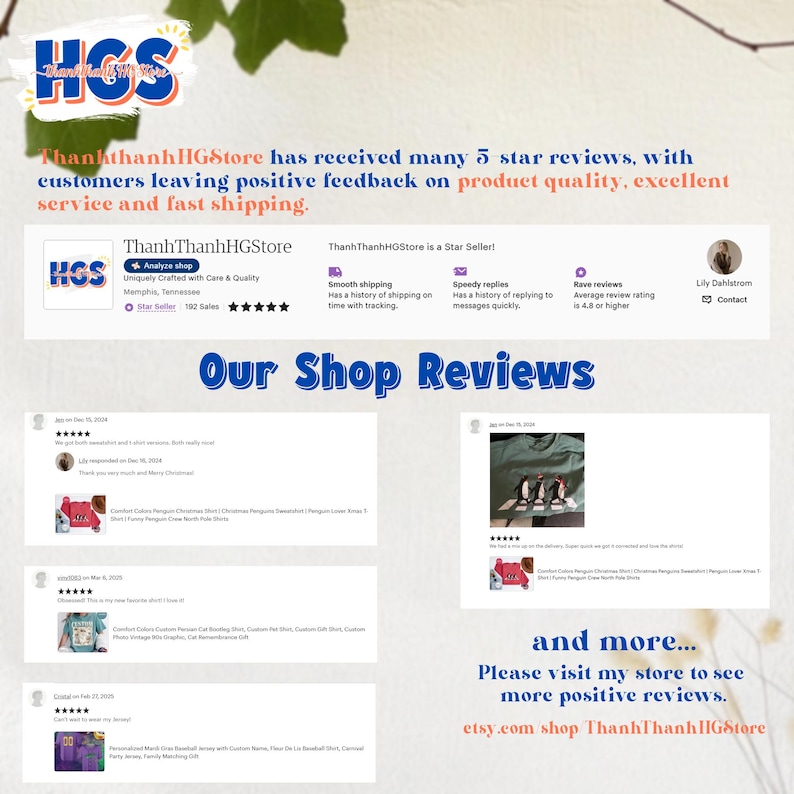 Pu&ograve; includere: Immagine del negozio Etsy ThanhThanhHGStore con recensioni dei clienti. Il negozio ha ricevuto molte recensioni a 5 stelle, evidenziando la qualit&agrave; del prodotto e la spedizione veloce. Il negozio &egrave; un venditore stellato con una valutazione media di 4,8 stelle.