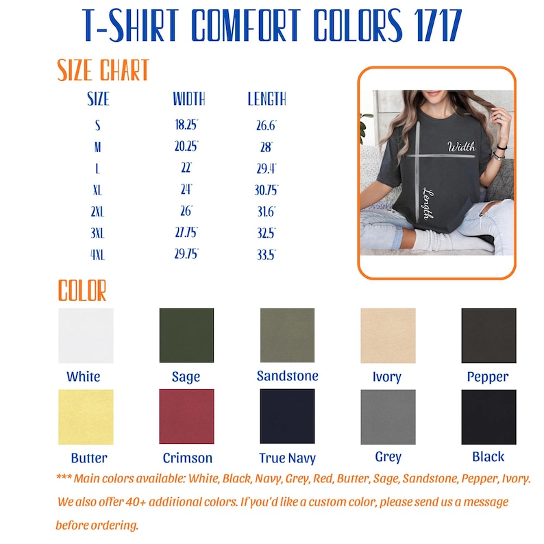 Pu&ograve; includere: Tabella delle taglie e dei colori delle t-shirt. La tabella include le taglie dalla S alla 4XL con misure di larghezza e lunghezza in pollici. I campioni di colore includono bianco, salvia, arenaria, avorio, pepe, burro, cremisi, blu navy, grigio e nero. Il testo recita "T-SHIRT COMFORT COLORS 1717."