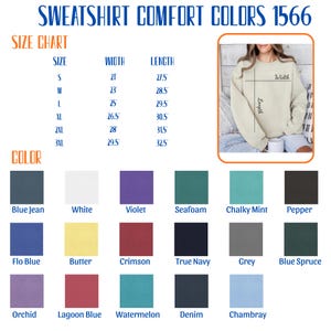 Pu&ograve; includere: Tabella delle taglie e dei colori per felpe. Le taglie vanno dalla S alla 3XL, con misure di larghezza e lunghezza in pollici. La palette colori include tonalit&agrave; come Blue Jean, Bianco, Violetto e Seafoam. Il testo in alto recita 'SWEATSHIRT COMFORT COLORS 1566'.