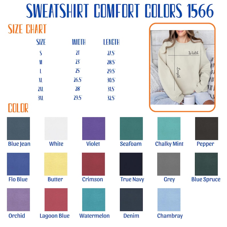 Pu&ograve; includere: Tabella delle taglie e dei colori per felpe. Le taglie vanno dalla S alla 3XL, con misure di larghezza e lunghezza in pollici. La palette colori include tonalit&agrave; come Blue Jean, Bianco, Violetto e Seafoam. Il testo in alto recita 'SWEATSHIRT COMFORT COLORS 1566'.