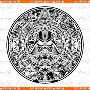 May include: Black and white circular design featuring Darth Vader in the center surrounded by various Star Wars characters and symbols.