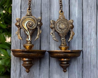 Brass Shankh Chakra Diya Lamp | Hanging Oil Lamp for Pooja, Temple, Festival & Home Decor | Spiritual Indian Brass Decor