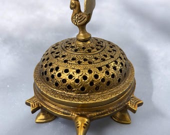 Brass Dhoopdhani Incense Burner with Peacock & Tortoise Motif – Dhoop Dani Lamp for Pooja, Home Fragrance, and Gifts