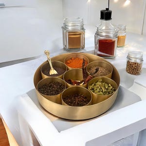 Handcrafted Brass Masala Box: Mandala Spice Container with 7 Bowls