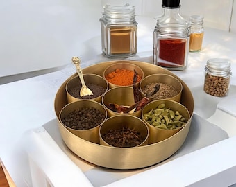 Handcrafted Brass Masala Box – Round Spice Container with 7 Bowls & Spoon | Mandala Design | Masala Dabba for Kitchen, Gifting