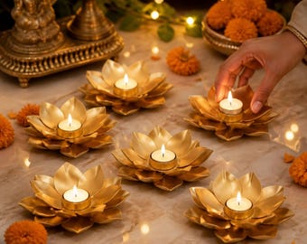 Juego de 6 lámparas Diya de loto doradas - Regalos al por mayor para Diwali, recuerdos para bodas indias