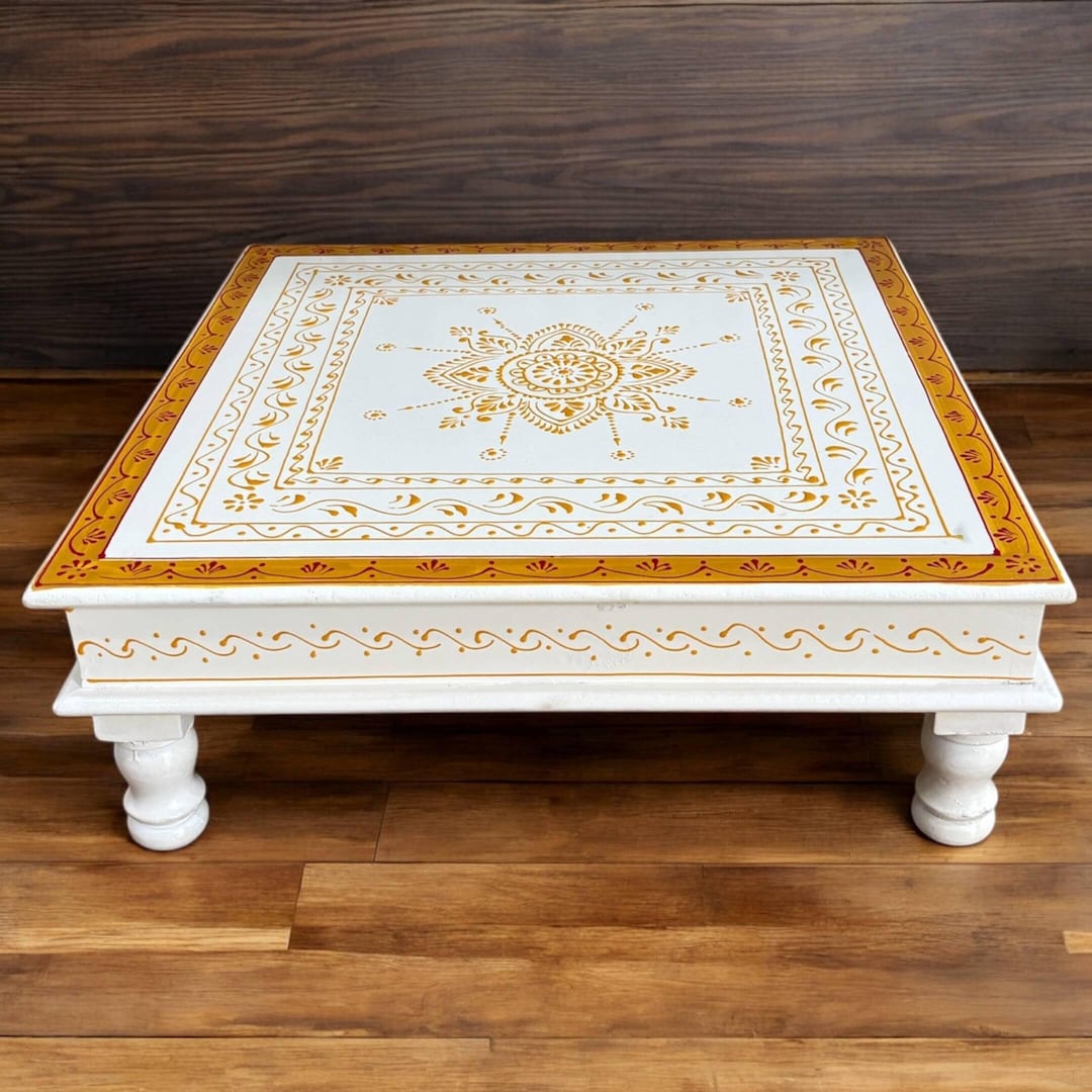 Wooden White Pooja Chowki - 18x18x6.5-inches Gold Boarder Bajot - Etsy