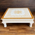 Wooden White Pooja Chowki - 18x18x6.5-Inches Gold Boarder Bajot
