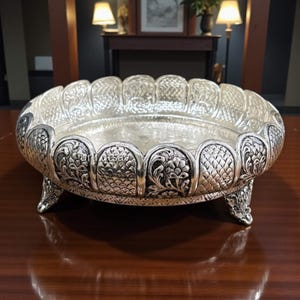 9-Inches Rose Engraved Bowl - Antique Silver Urli