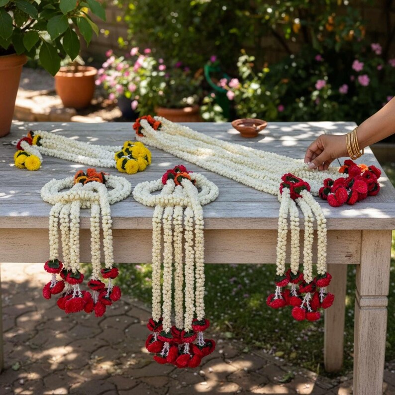 Marigold mogra leaf garland strings displayed as Indian home decor — reusable artificial floral garland for wedding and housewarming