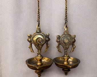 Brass Shankh Chakra Hanging Diya Oil Lamp Set of 2, Diwali Pooja Decor
