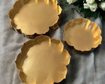 Etching Plates Lotus Urli – Set of 3 | Gold Hammered Decorative Bowls for Home, Wedding & Festive Decor