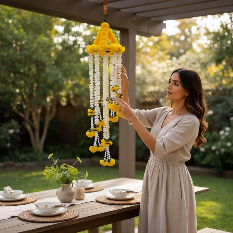 4Ft Artificial yellow Mogra Chandelier for haldi decoration