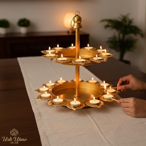 Two-Layer Diya Urli with 18 Candle Holders: Gold Indian Diwali Centerpiece