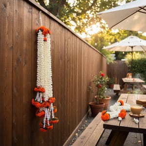 Orange marigold mogra leaf garlands draped as decor — set of 10 Indian festival garland strings for Diwali and housewarming